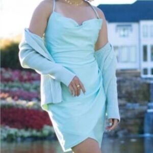 Windsor Wrapped Mint Blue Satin Mini Dress with Layered Neckline